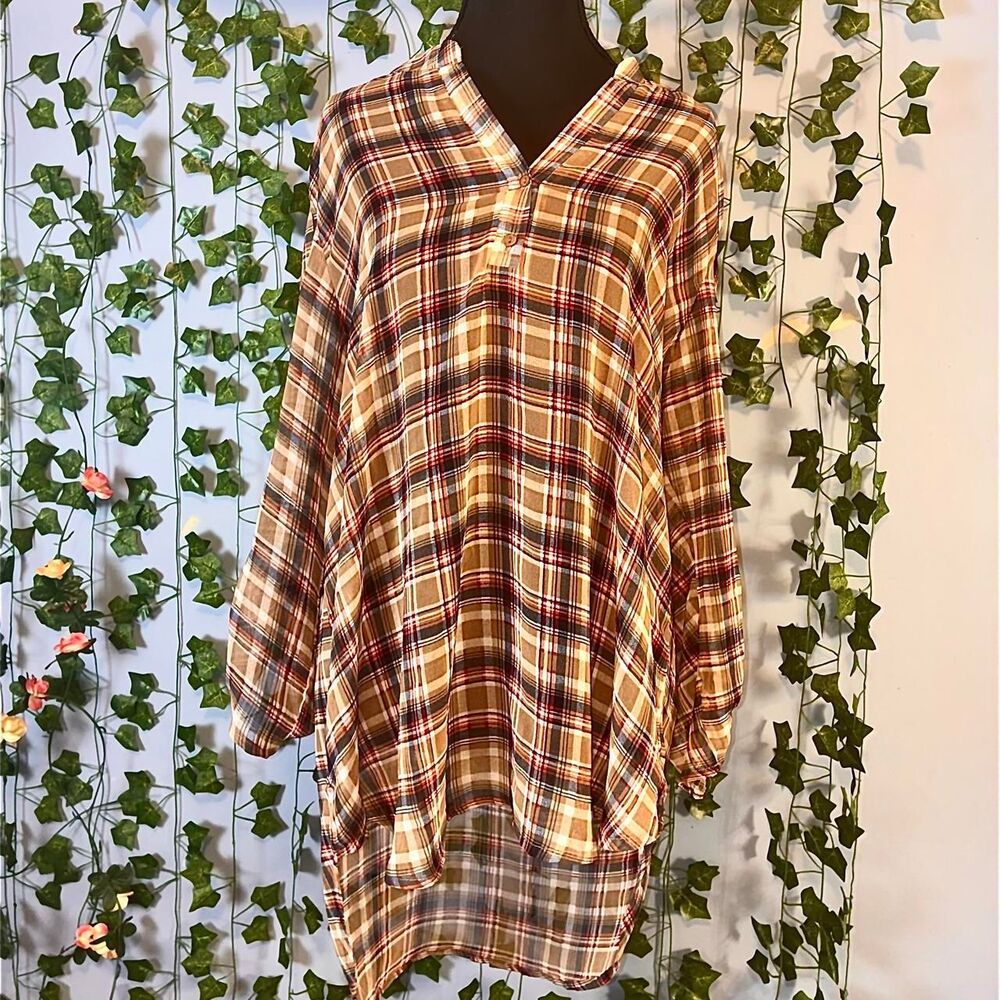 Teenbell Women's Brown Beige and Red Plaid Sheer Button Up Blouse (XXL)